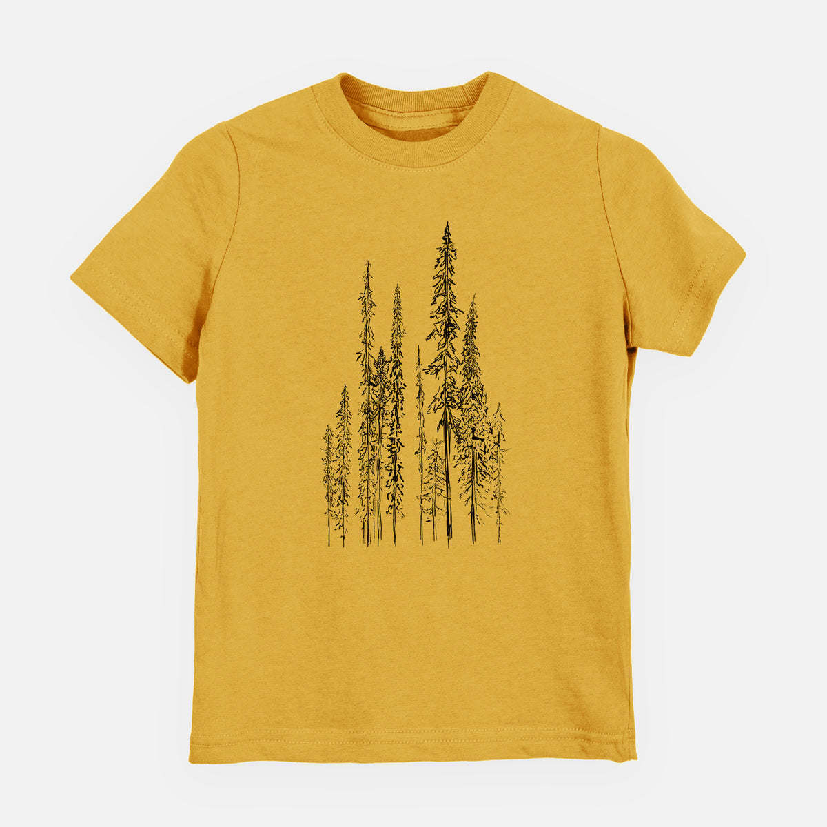 Honeycomb yellow youth t-shirt laid flat, printed with a black ink illustration of a stand of tall, narrow black spruce trees.