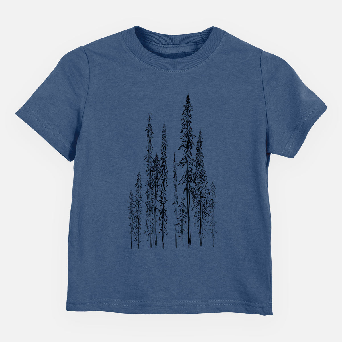 Indigo blue toddler t-shirt laid flat, printed with a black ink illustration of a stand of tall, narrow black spruce trees.