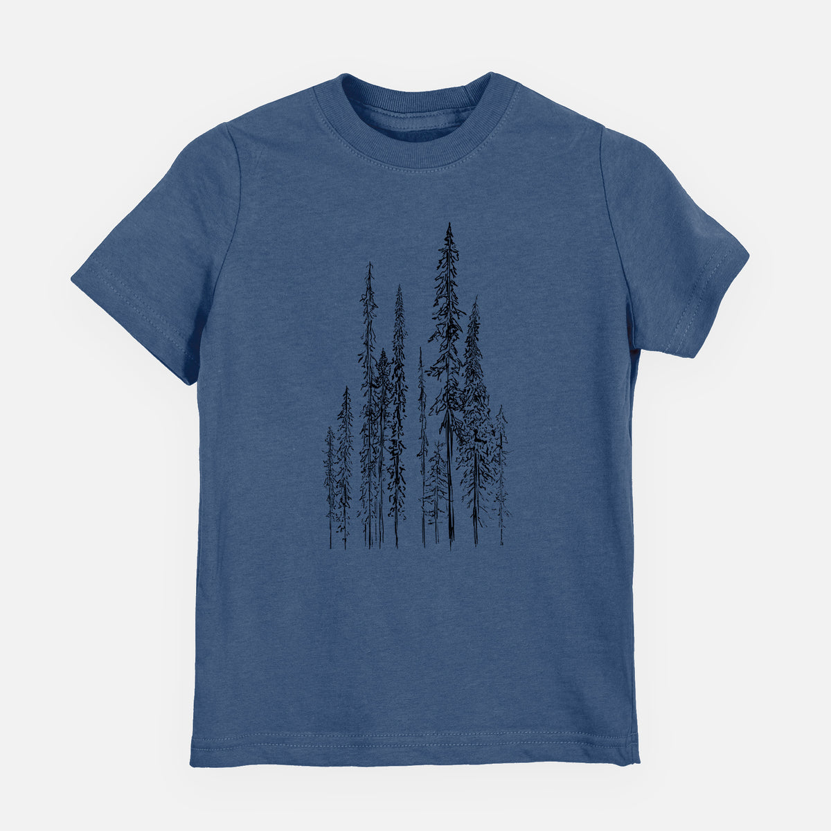 Indigo blue youth t-shirt laid flat, printed with a black ink illustration of a stand of tall, narrow black spruce trees.