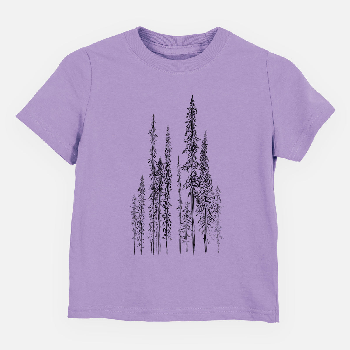 Lavender toddler t-shirt laid flat, printed with a black ink illustration of a stand of tall, narrow black spruce trees.