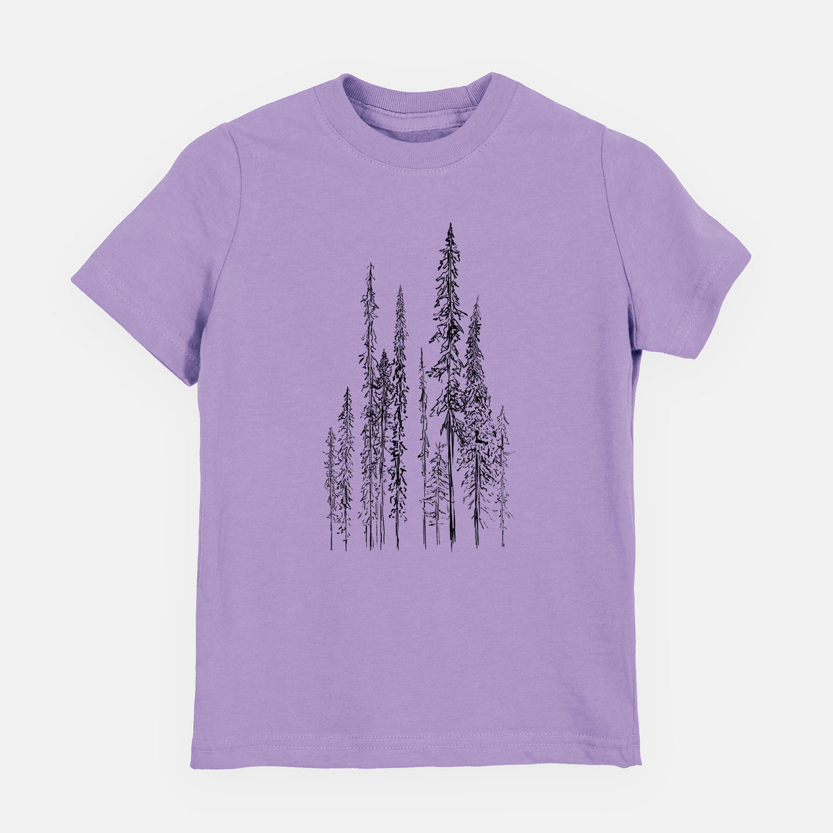 Lavender youth t-shirt laid flat, printed with a black ink illustration of a stand of tall, narrow black spruce trees.