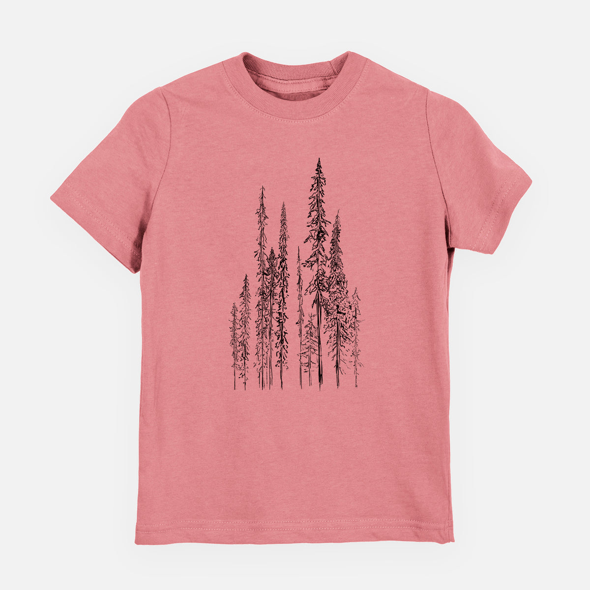 Mauve pink youth t-shirt laid flat, printed with a black ink illustration of a stand of tall, narrow black spruce trees.