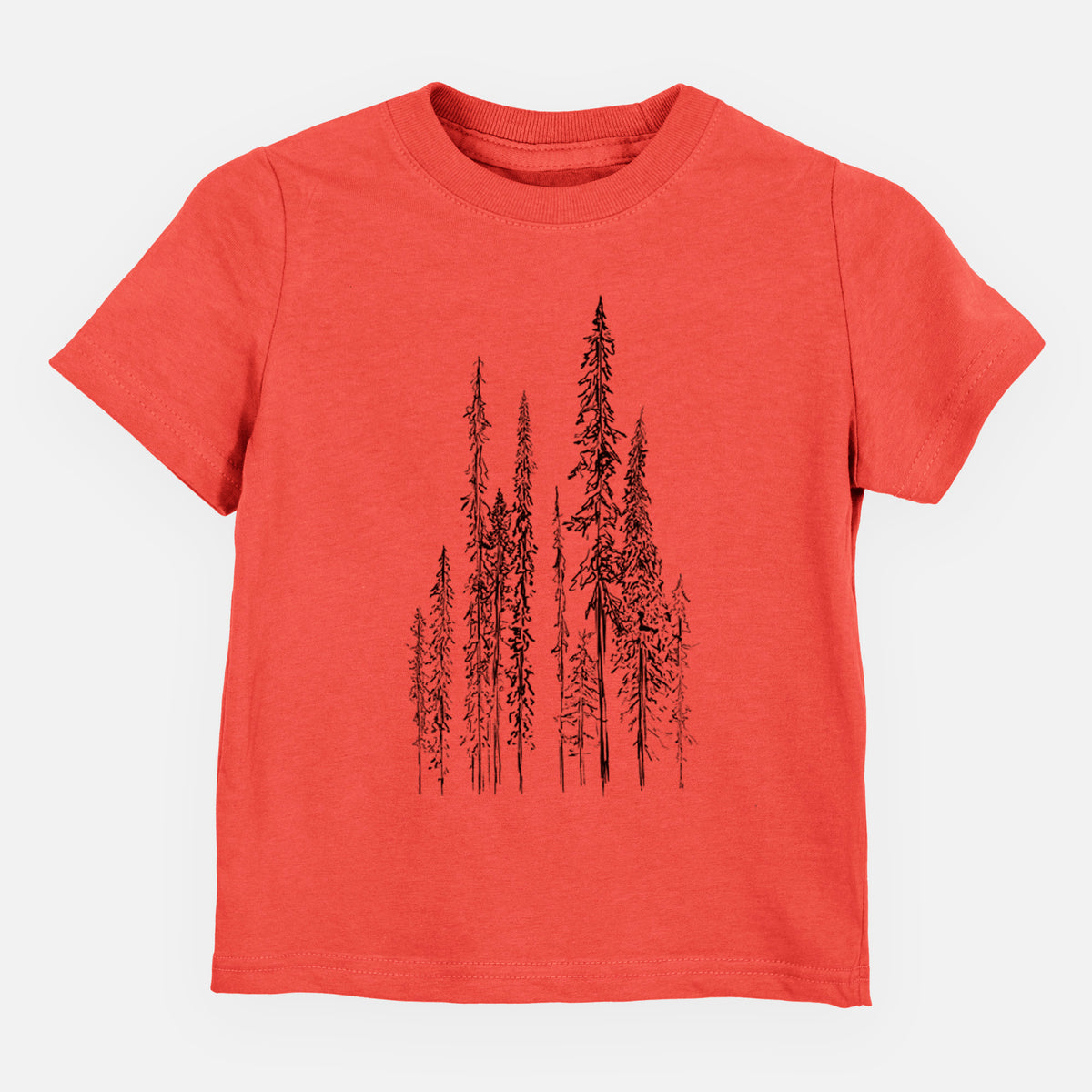 Passionfruit pink toddler t-shirt laid flat, printed with a black ink illustration of a stand of tall, narrow black spruce trees.