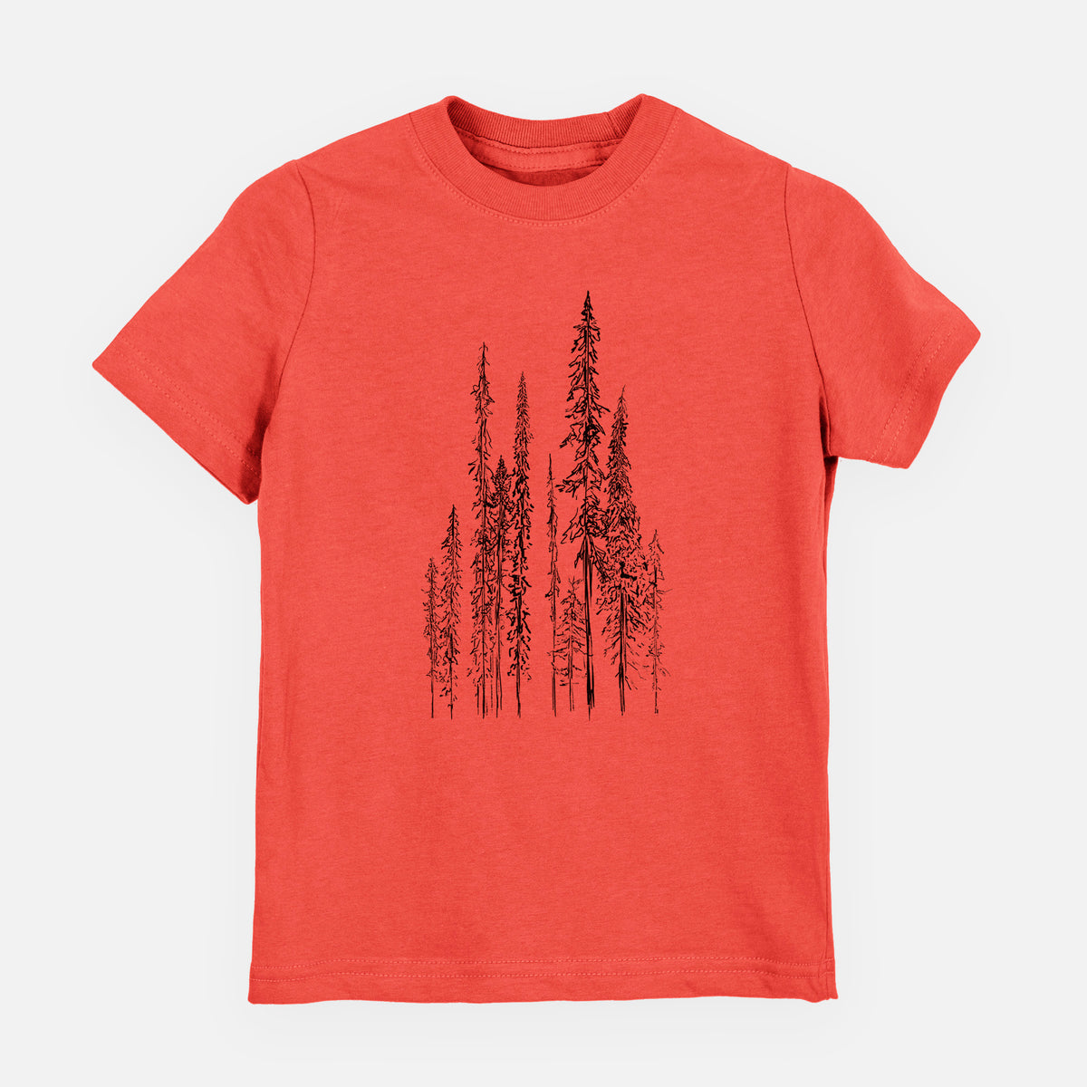 Passionfruit pink youth t-shirt laid flat, printed with a black ink illustration of a stand of tall, narrow black spruce trees.