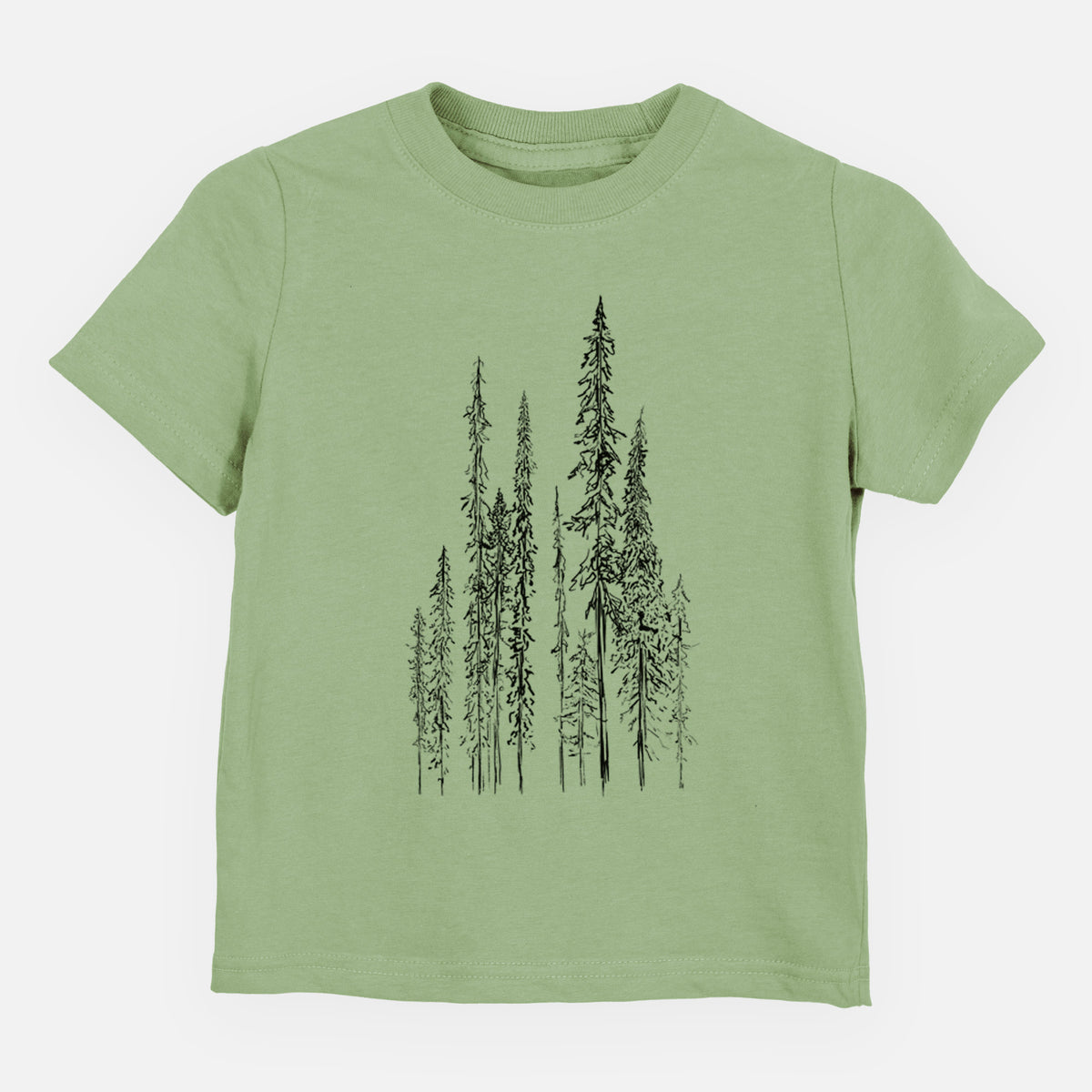 Sage green toddler t-shirt laid flat, printed with a black ink illustration of a stand of tall, narrow black spruce trees.