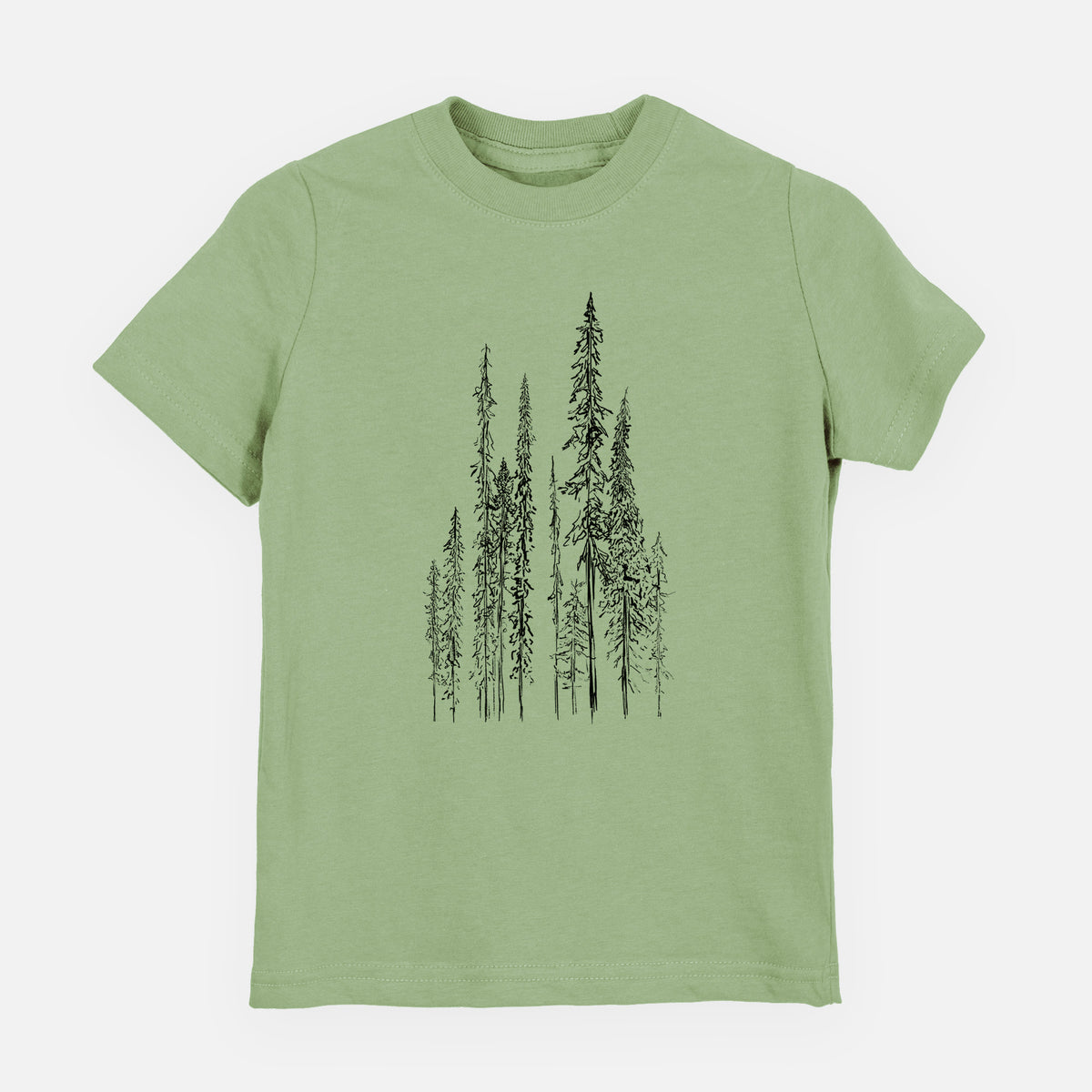 Sage green youth t-shirt laid flat, printed with a black ink illustration of a stand of tall, narrow black spruce trees.