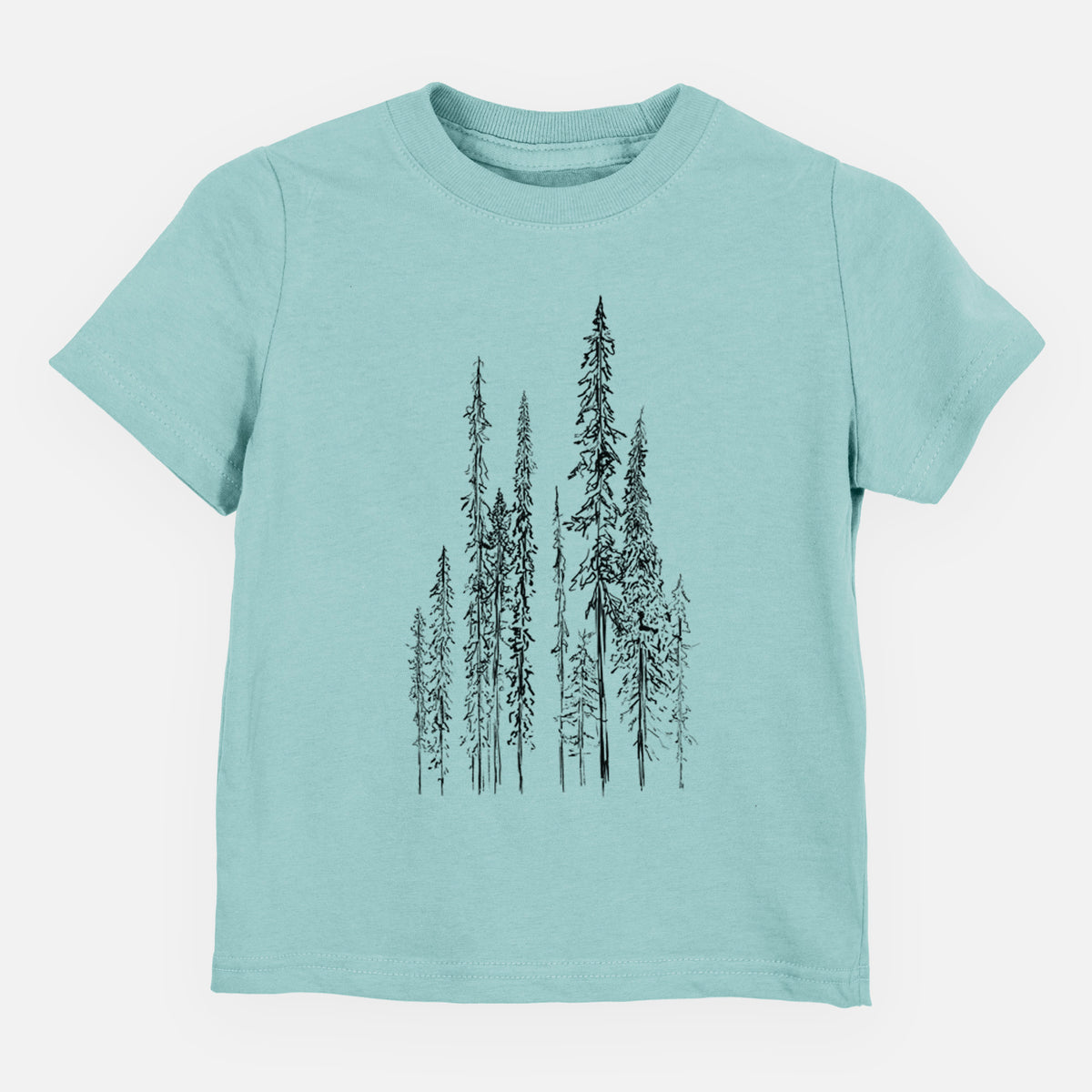 Saltwater toddler t-shirt laid flat, printed with a black ink illustration of a stand of tall, narrow black spruce trees.
