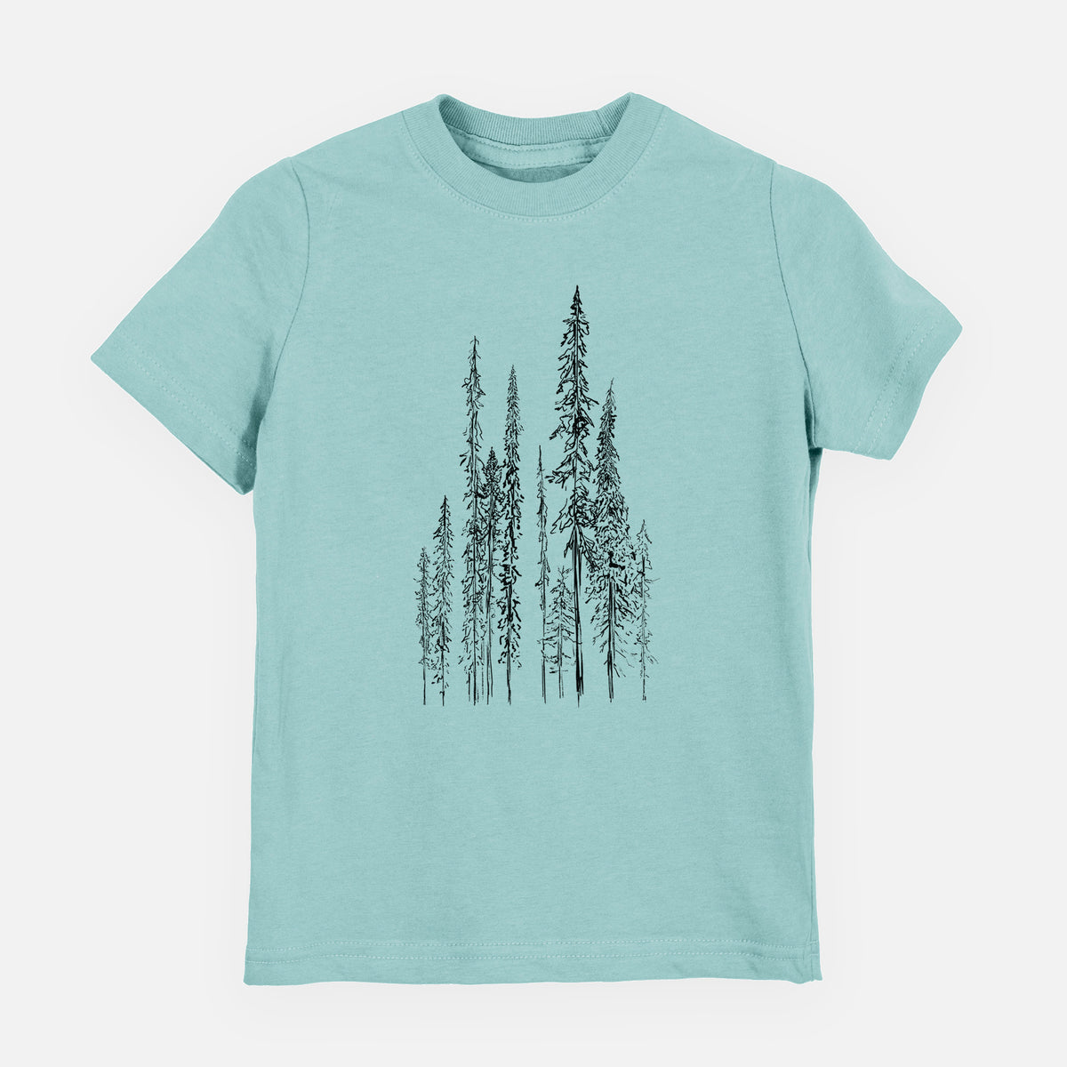 Saltwater youth t-shirt laid flat, printed with a black ink illustration of a stand of tall, narrow black spruce trees.