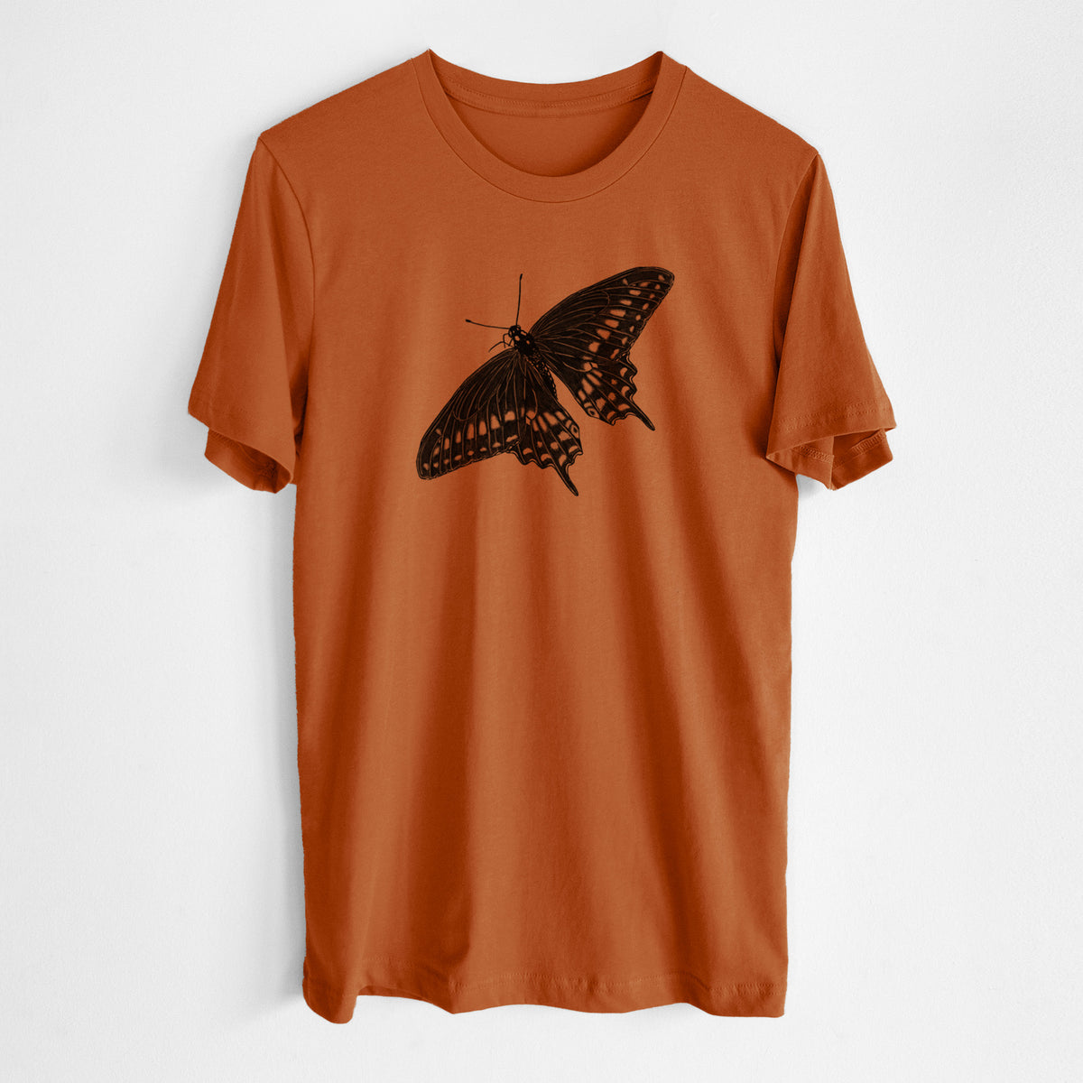 Autumn lightweight cotton t-shirt laid flat, printed with a detailed black ink illustration of a black swallowtail butterfly with its wings spread.