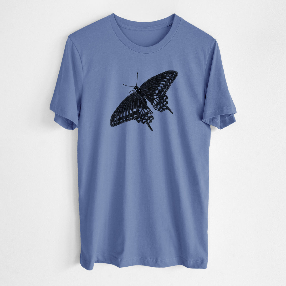 Blue bell lightweight cotton t-shirt laid flat, printed with a detailed black ink illustration of a black swallowtail butterfly with its wings spread.
