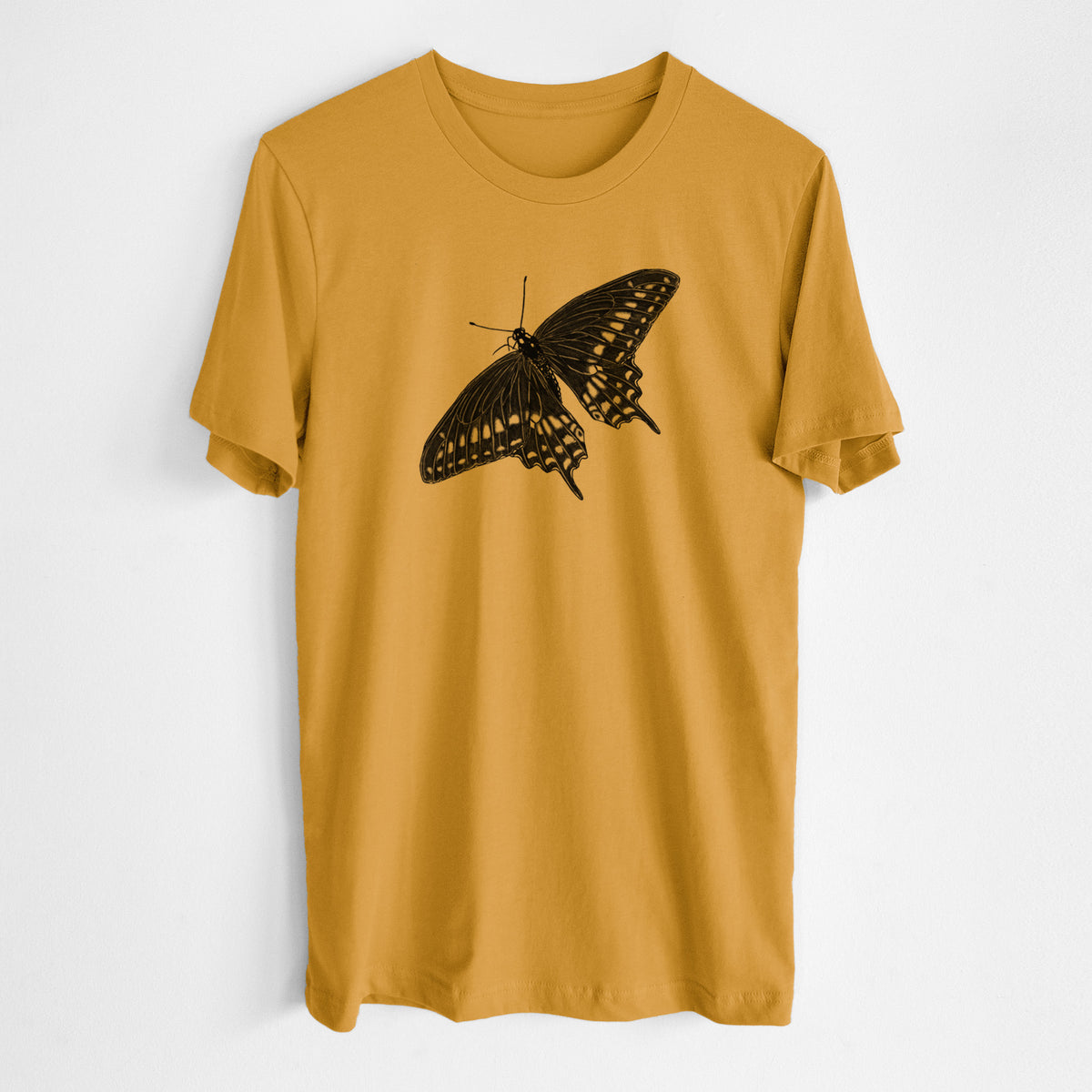Honeycomb yellow lightweight cotton t-shirt laid flat, printed with a detailed black ink illustration of a black swallowtail butterfly with its wings spread.