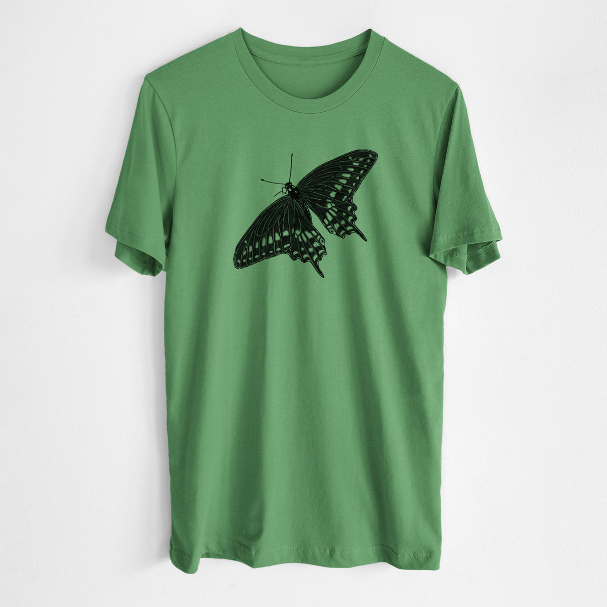 Leaf green lightweight cotton t-shirt laid flat, printed with a detailed black ink illustration of a black swallowtail butterfly with its wings spread.
