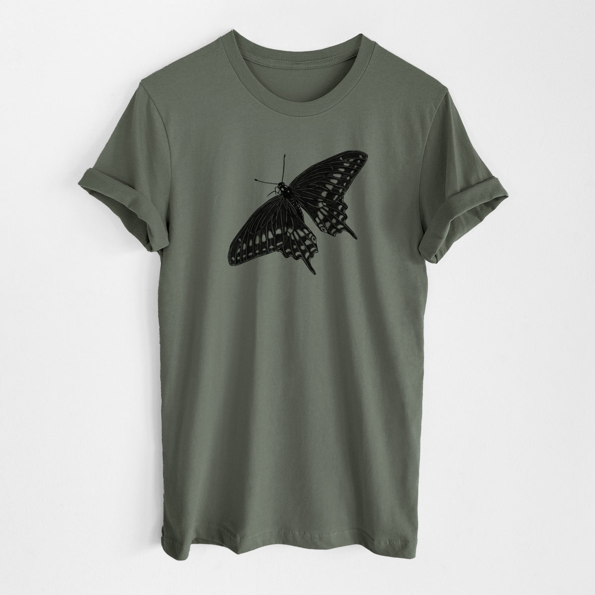 Military green lightweight cotton t-shirt laid flat, printed with a detailed black ink illustration of a black swallowtail butterfly with its wings spread.