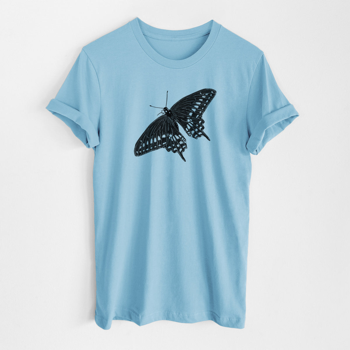 Ocean blue lightweight cotton t-shirt laid flat, printed with a detailed black ink illustration of a black swallowtail butterfly with its wings spread.