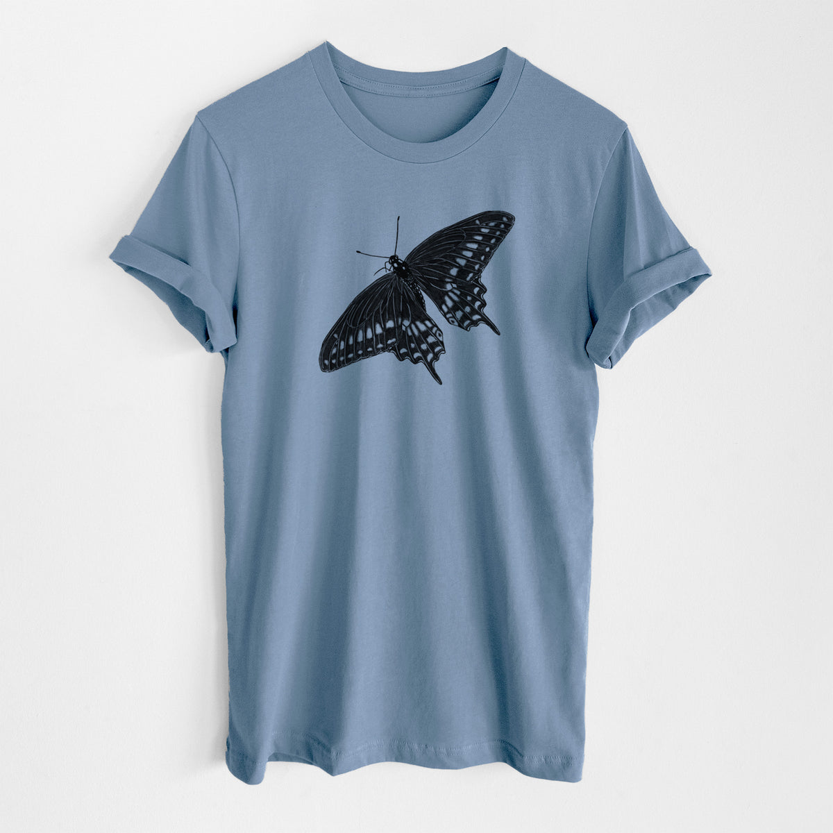 Steel blue lightweight cotton t-shirt laid flat, printed with a detailed black ink illustration of a black swallowtail butterfly with its wings spread.
