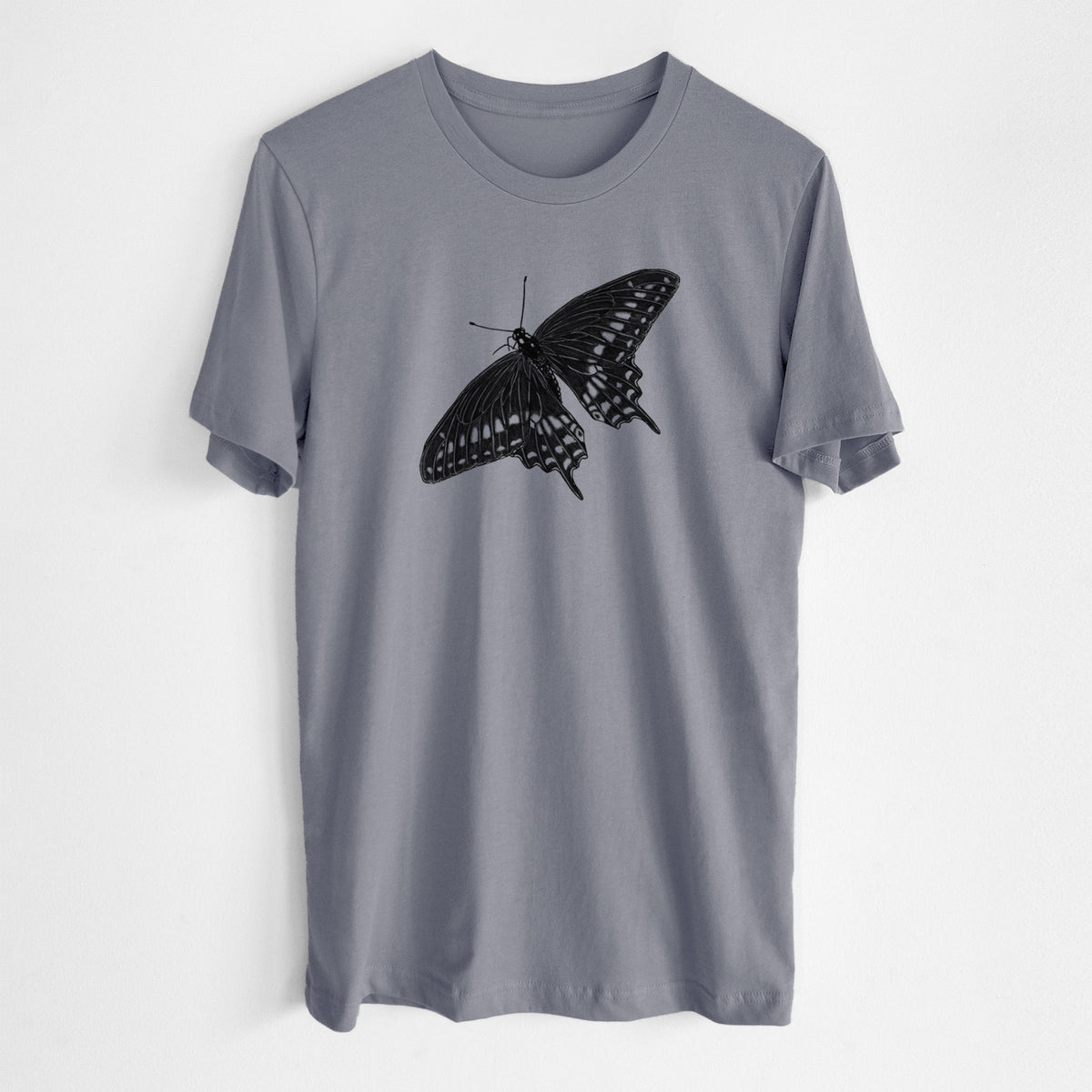 Storm grey lightweight cotton t-shirt laid flat, printed with a detailed black ink illustration of a black swallowtail butterfly with its wings spread.