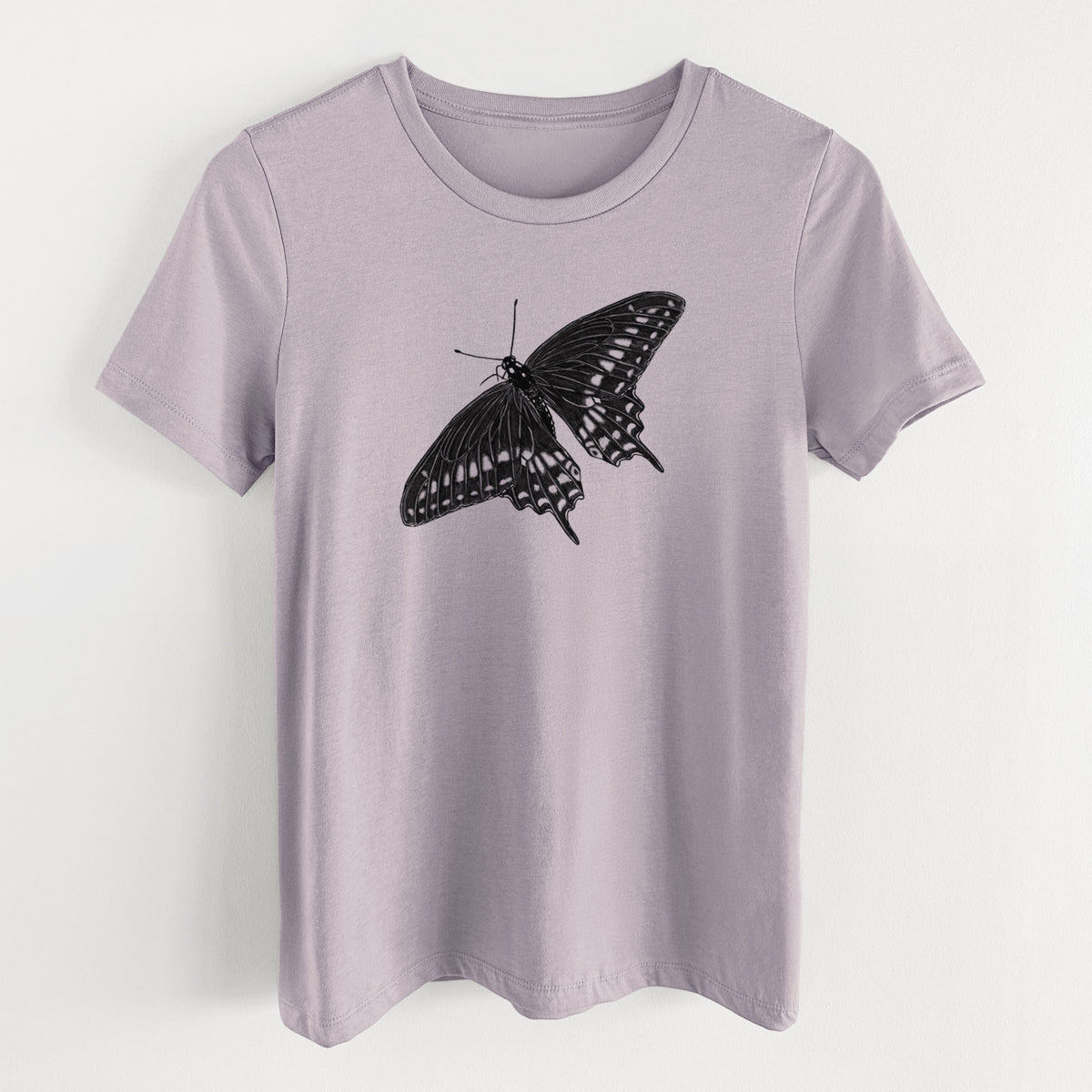 Light violet women's relaxed fit cotton t-shirt laid flat, printed with a detailed black ink illustration of a black swallowtail butterfly with its wings spread.