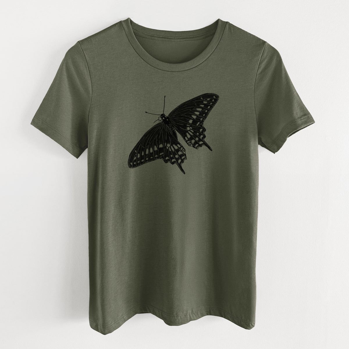 Military green women's relaxed fit cotton t-shirt laid flat, printed with a detailed black ink illustration of a black swallowtail butterfly with its wings spread.