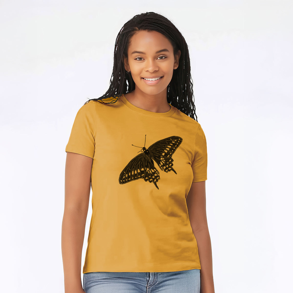 Woman wearing a mustard yellow women's relaxed fit cotton t-shirt printed with a detailed black ink illustration of a black swallowtail butterfly with its wings spread.