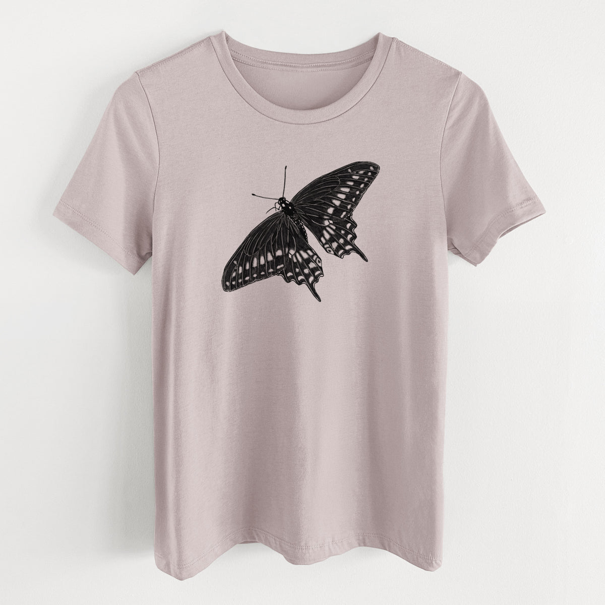 Pink gravel women's relaxed fit cotton t-shirt laid flat, printed with a detailed black ink illustration of a black swallowtail butterfly with its wings spread.