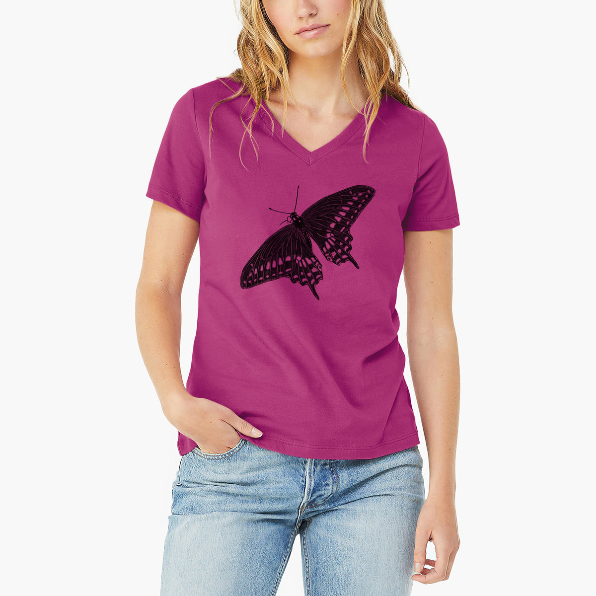 Woman wearing a berry pink women's relaxed fit cotton V-neck t-shirt printed with a detailed black ink illustration of a black swallowtail butterfly with its wings spread.