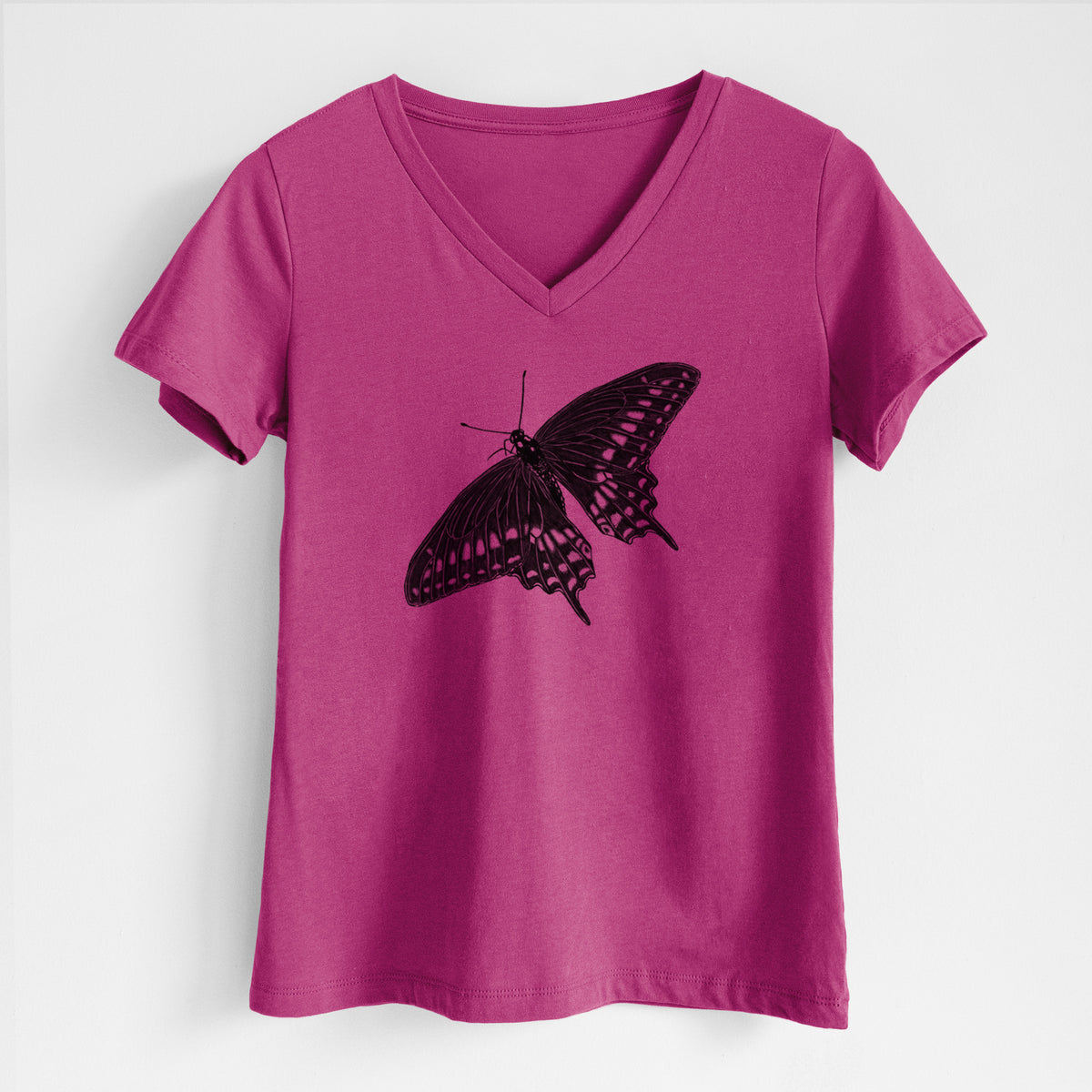 Berry pink women's relaxed fit cotton V-neck t-shirt laid flat, printed with a detailed black ink illustration of a black swallowtail butterfly with its wings spread.
