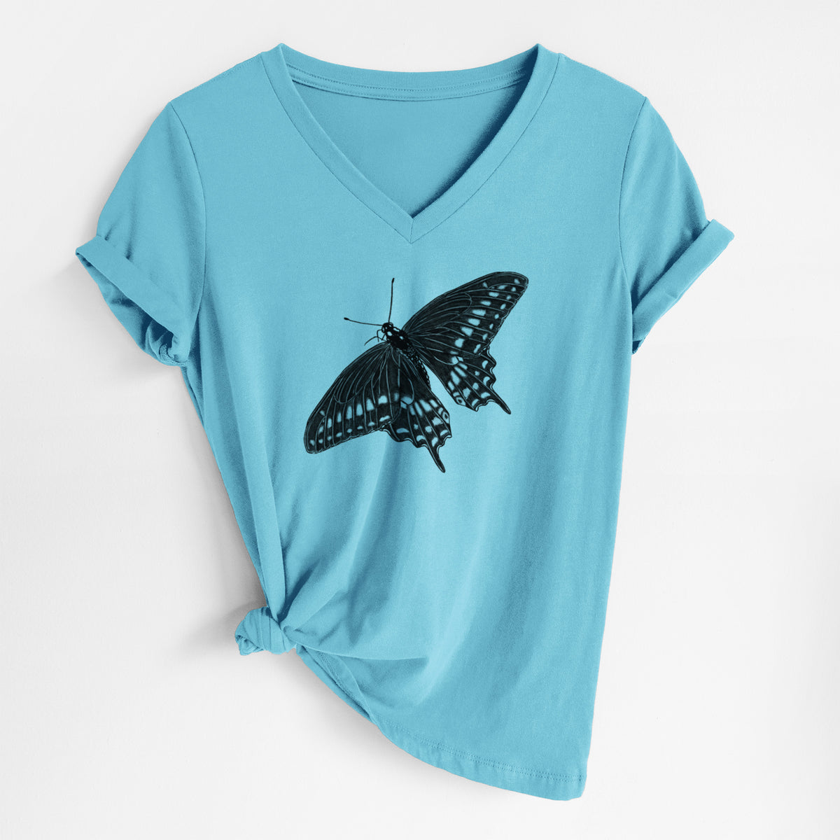 Turquoise women's relaxed fit cotton V-neck t-shirt laid flat, printed with a detailed black ink illustration of a black swallowtail butterfly with its wings spread.