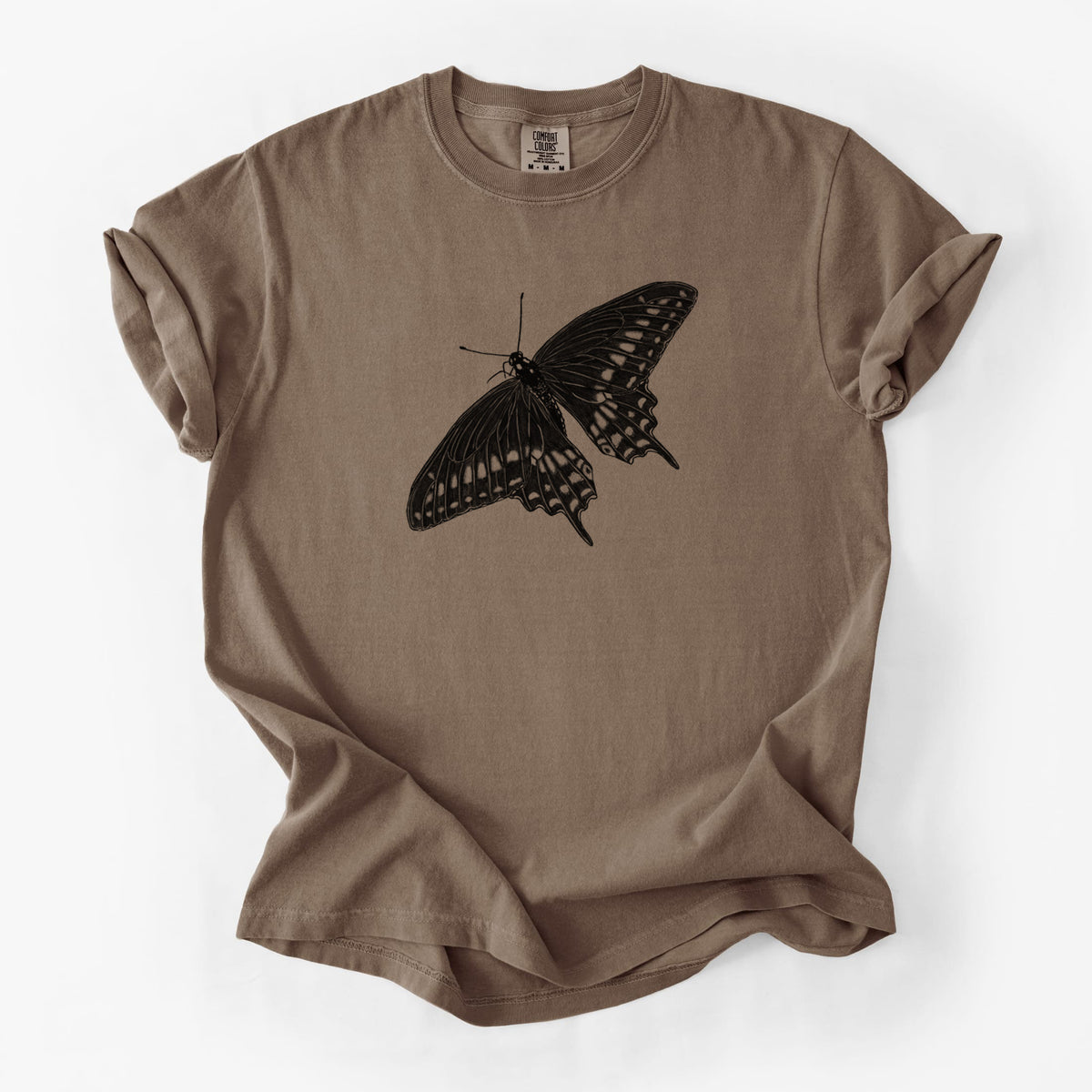 Espresso brown Comfort Colors t-shirt laid flat, printed with a detailed black ink illustration of a black swallowtail butterfly with its wings spread.