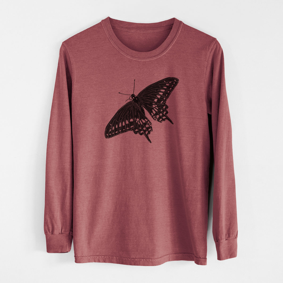 Brick red Comfort Colors long sleeve shirt laid flat, printed with a detailed black ink illustration of a black swallowtail butterfly with its wings spread.
