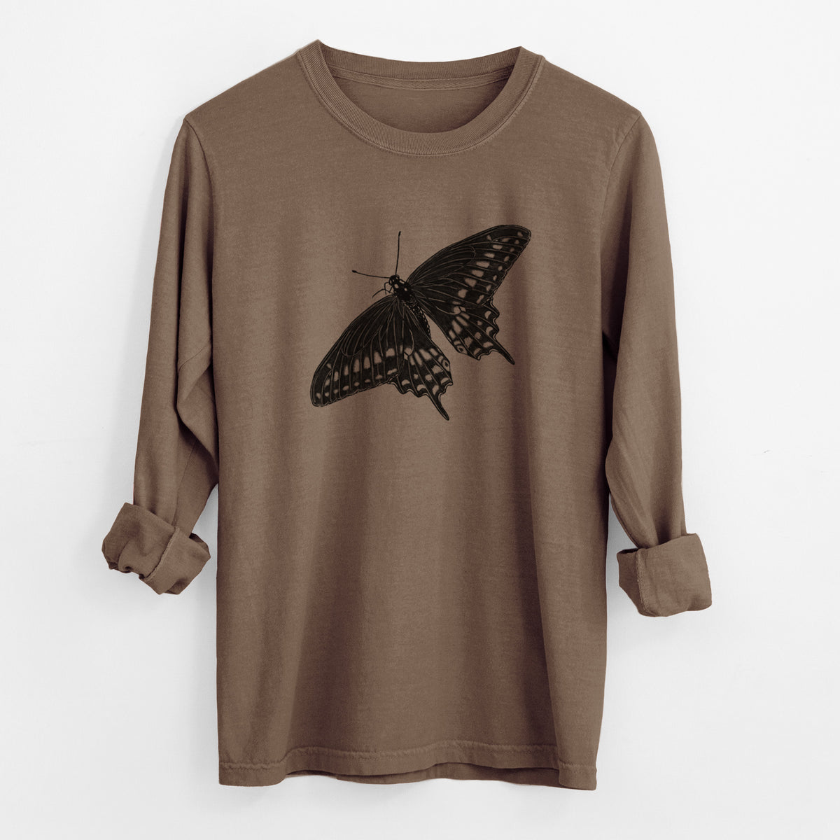 Espresso brown Comfort Colors long sleeve shirt laid flat with the cuffs rolled, printed with a detailed black ink illustration of a black swallowtail butterfly with its wings spread.