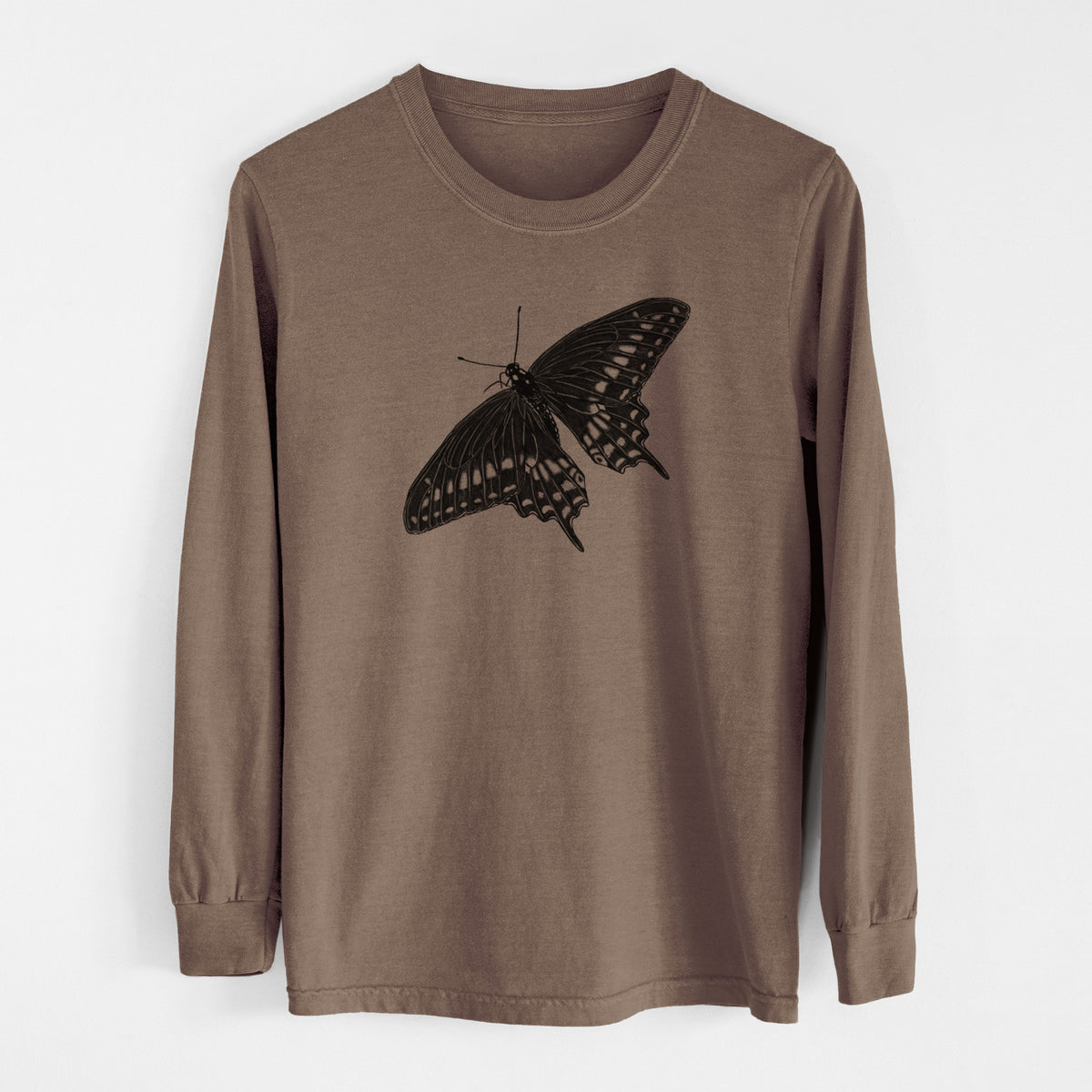 Espresso brown Comfort Colors long sleeve shirt laid flat, printed with a detailed black ink illustration of a black swallowtail butterfly with its wings spread.