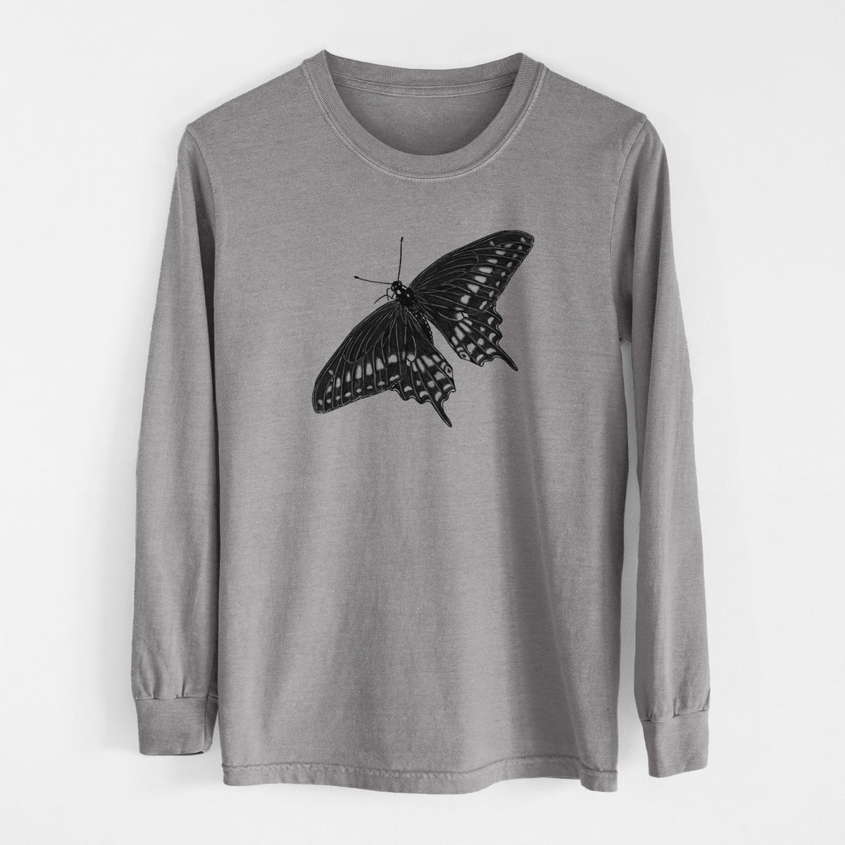 Grey Comfort Colors long sleeve shirt laid flat, printed with a detailed black ink illustration of a black swallowtail butterfly with its wings spread.