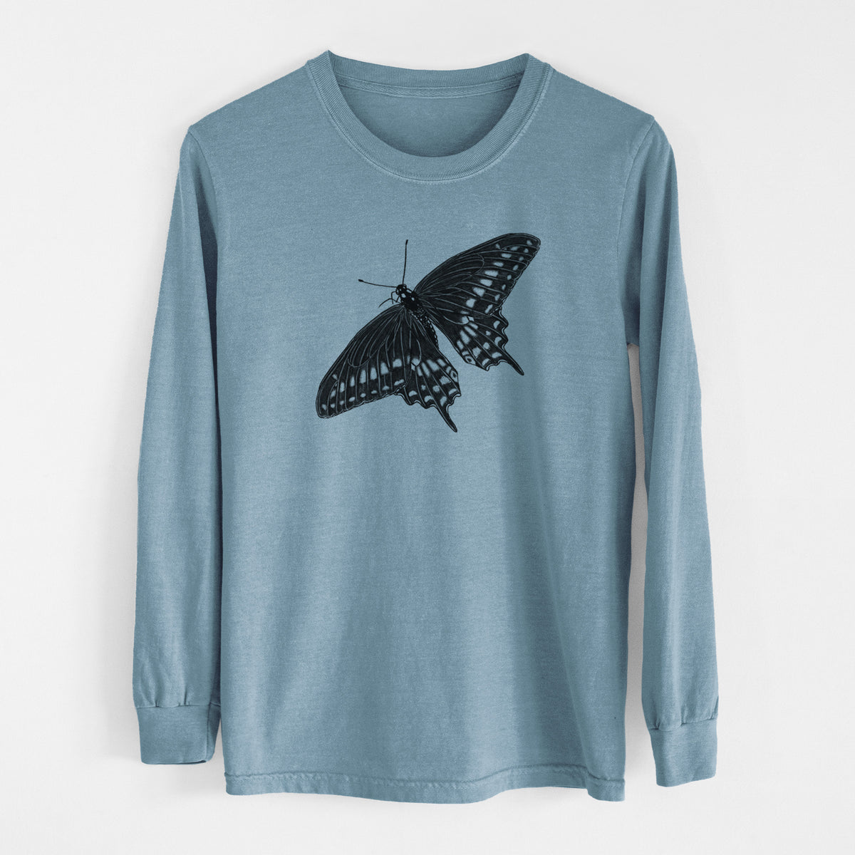 Steel blue Comfort Colors long sleeve shirt laid flat, printed with a detailed black ink illustration of a black swallowtail butterfly with its wings spread.