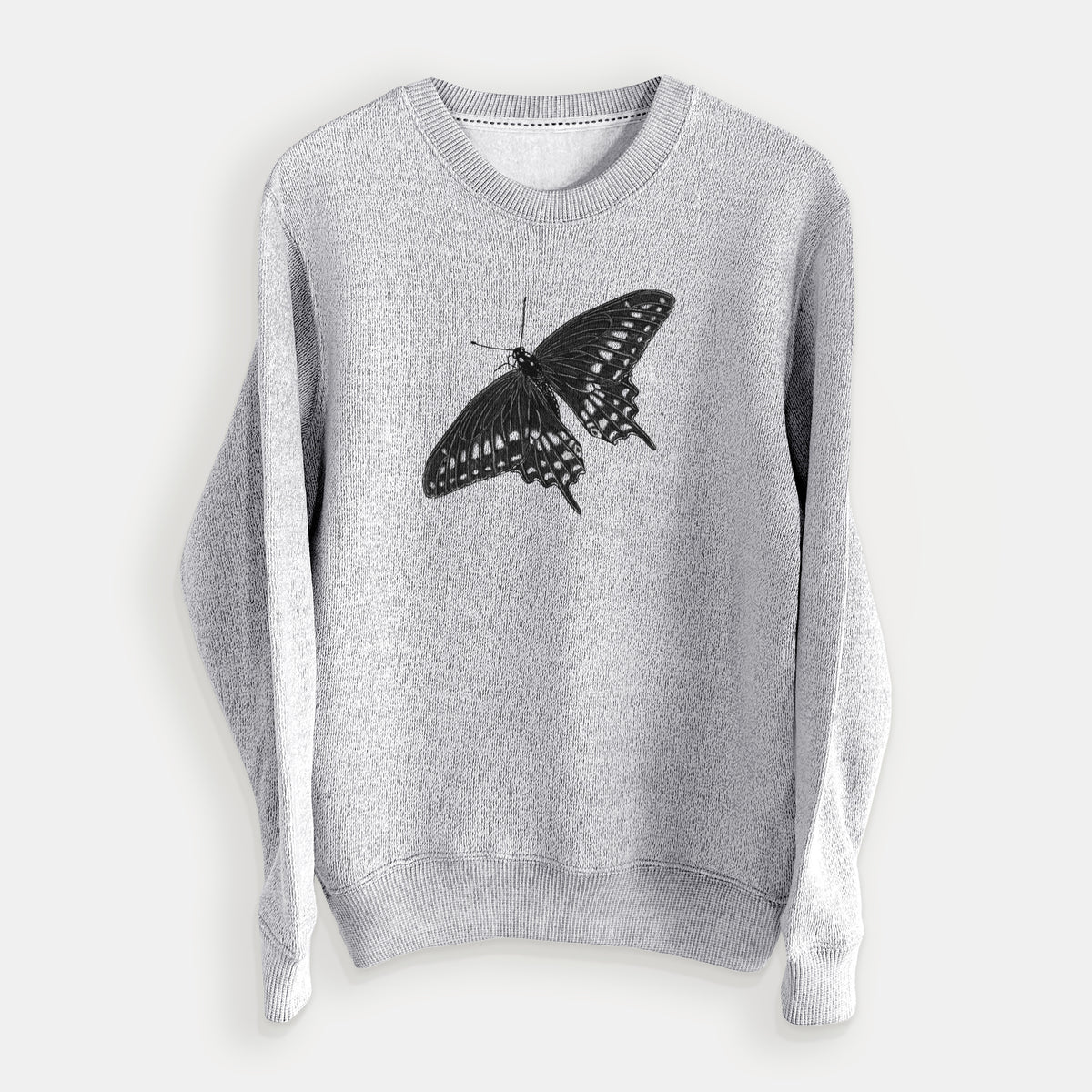 Salt and pepper knit sweatshirt laid flat, printed with a detailed black ink illustration of a black swallowtail butterfly with its wings spread.