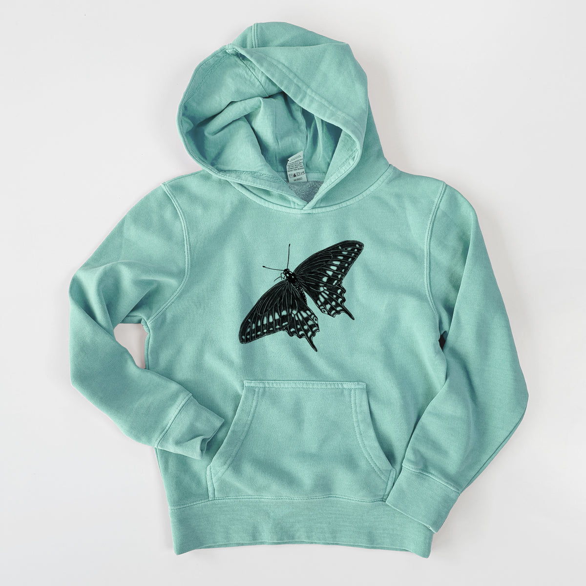 Sea green youth pigment dyed hoodie laid flat, printed with a detailed black ink illustration of a black swallowtail butterfly with its wings spread.