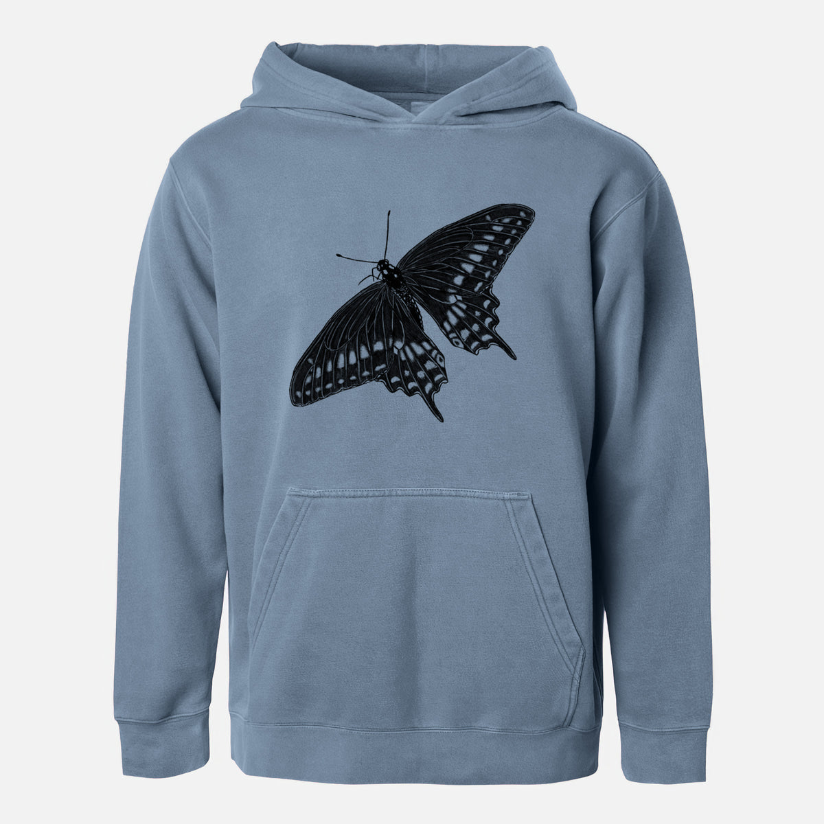 Slate blue youth pigment dyed hoodie laid flat, printed with a detailed black ink illustration of a black swallowtail butterfly with its wings spread.