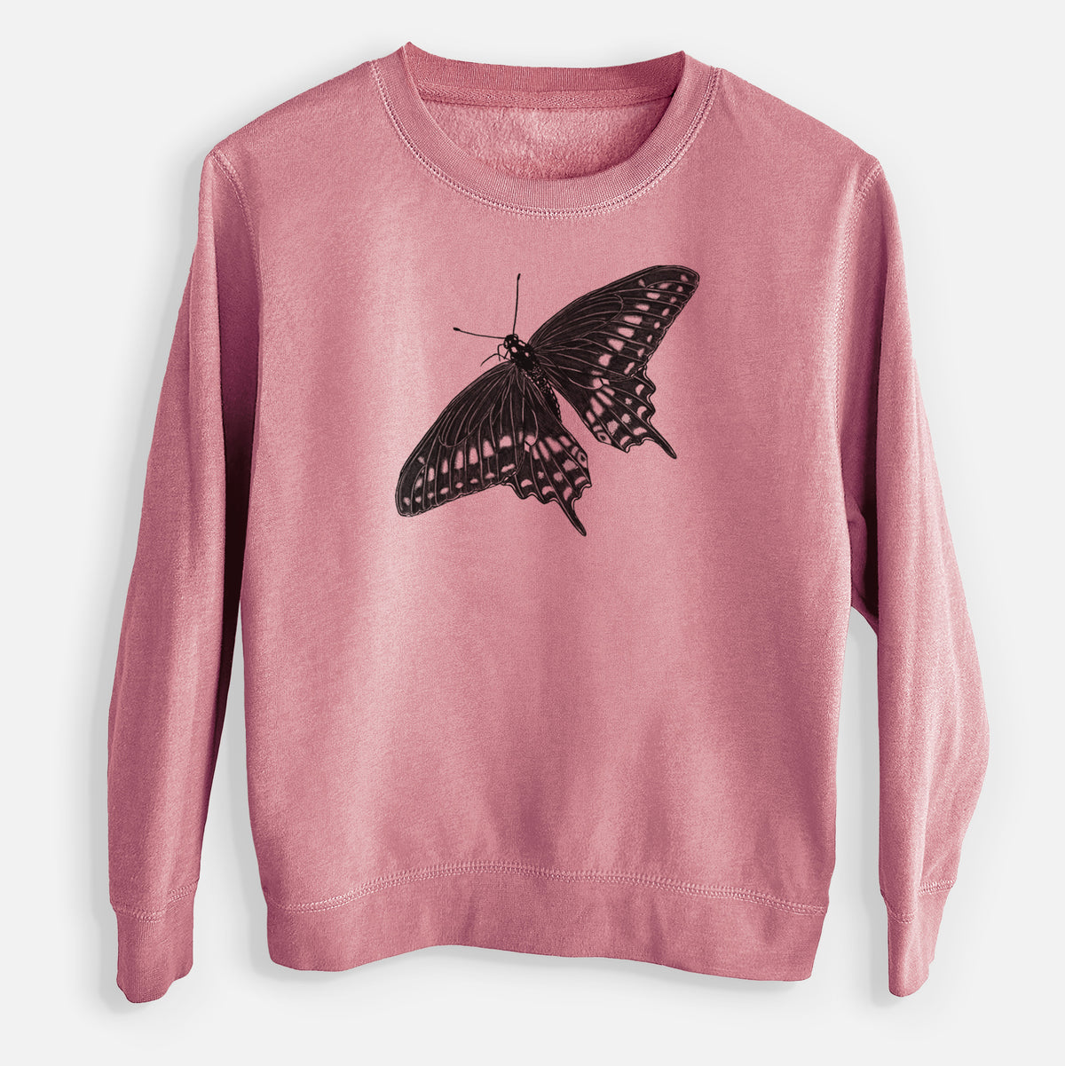 Mauve pink youth crewneck sweatshirt laid flat, printed with a detailed black ink illustration of a black swallowtail butterfly with its wings spread.