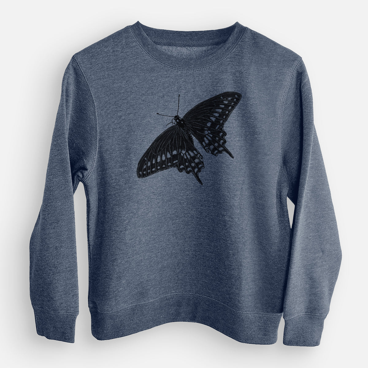 Storm blue youth crewneck sweatshirt laid flat, printed with a detailed black ink illustration of a black swallowtail butterfly with its wings spread.