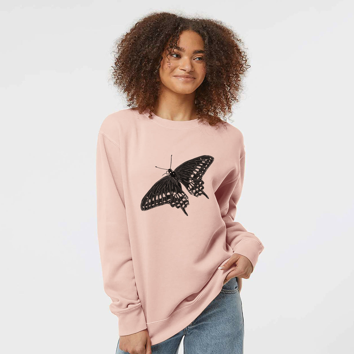 Black Swallowtail Butterfly - Papilio polyxenes - Unisex Pigment Dyed Crew Sweatshirt in Dusty Pink