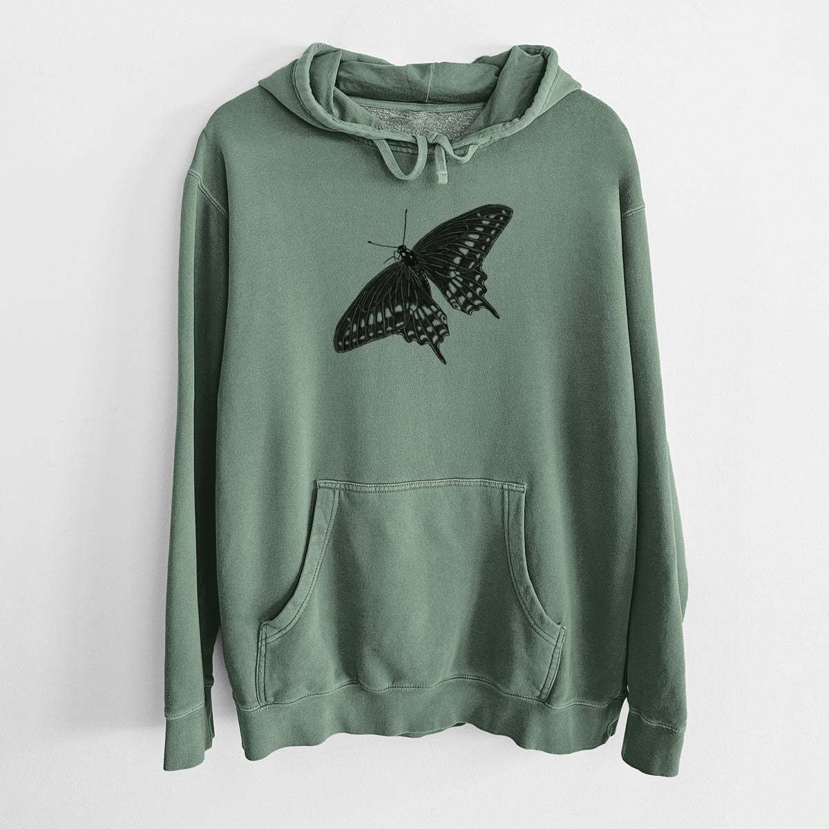 Alpine green pigment dyed hoodie laid flat, printed with a detailed black ink illustration of a black swallowtail butterfly with its wings spread.