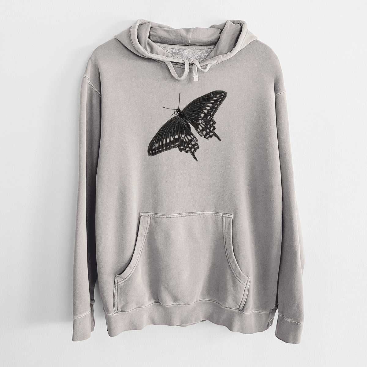 Cement grey pigment dyed hoodie laid flat, printed with a detailed black ink illustration of a black swallowtail butterfly with its wings spread.