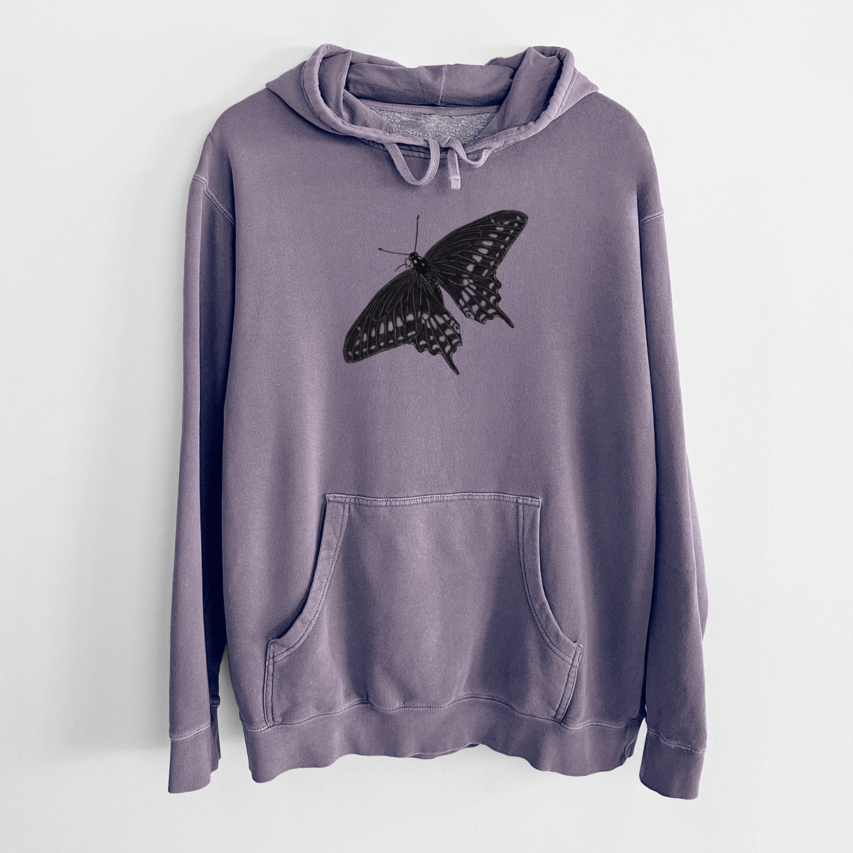 Plum purple pigment dyed hoodie laid flat, printed with a detailed black ink illustration of a black swallowtail butterfly with its wings spread.