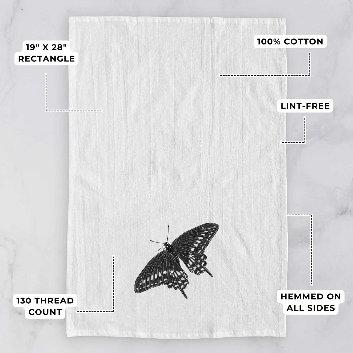 White tea towel printed with a detailed black ink illustration of a black swallowtail butterfly with its wings spread, with feature labels: 19 by 28 inch rectangle, 100% cotton, lint-free, 130 thread count, hemmed on all sides.
