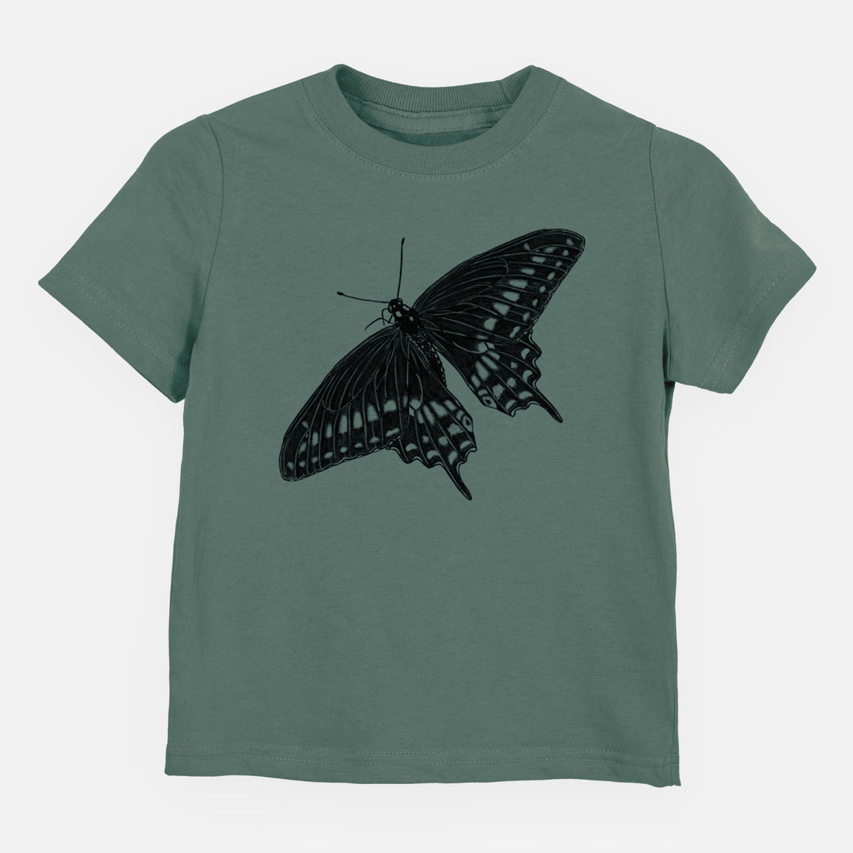 Basil green toddler t-shirt laid flat, printed with a detailed black ink illustration of a black swallowtail butterfly with its wings spread.