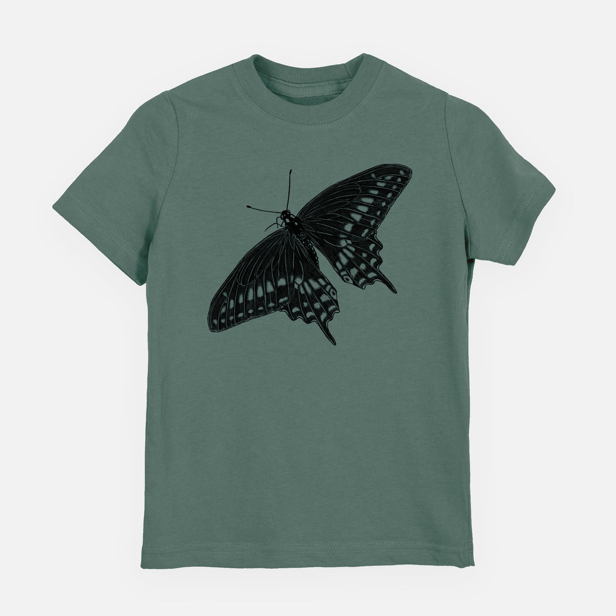 Basil green youth t-shirt laid flat, printed with a detailed black ink illustration of a black swallowtail butterfly with its wings spread.