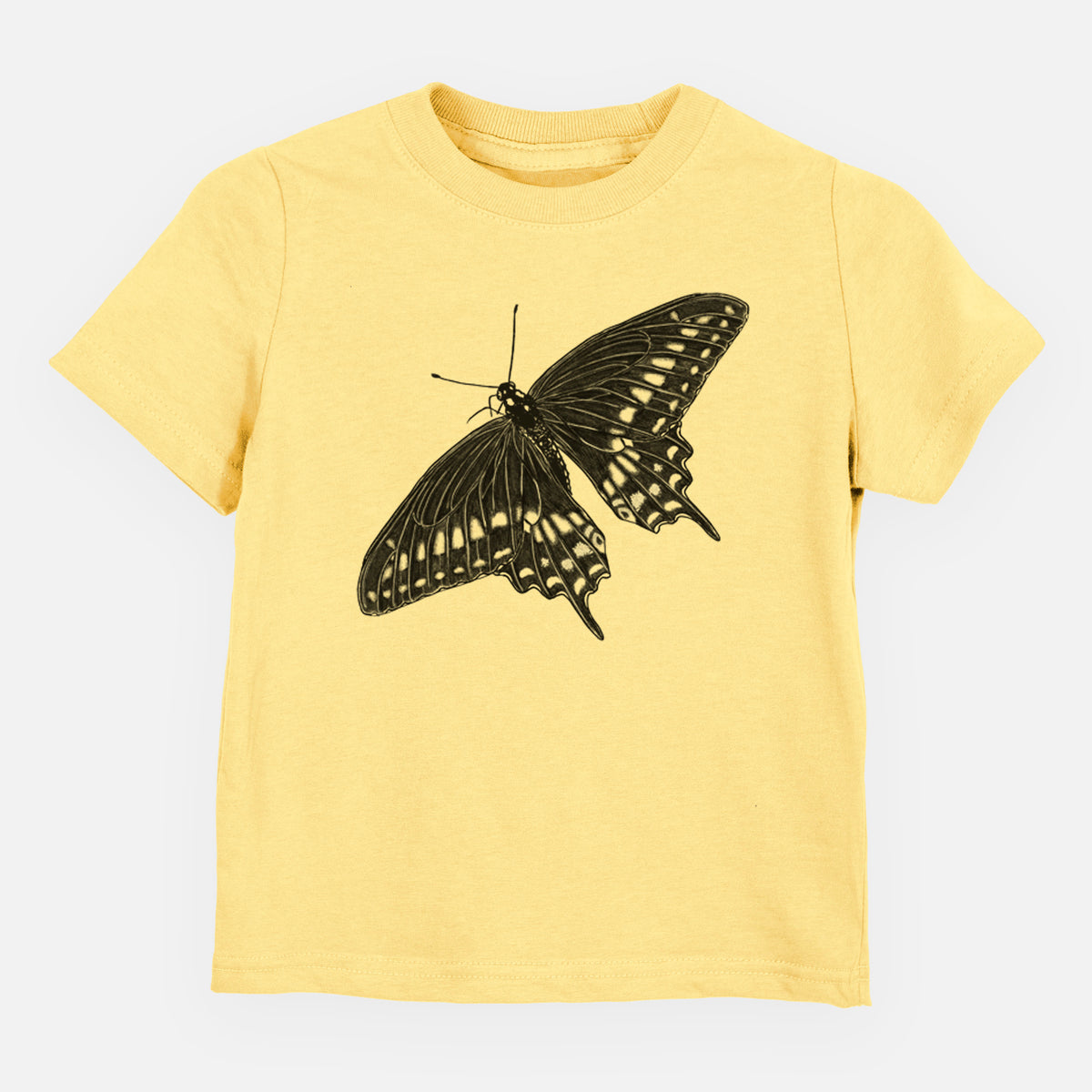 Butter yellow toddler t-shirt laid flat, printed with a detailed black ink illustration of a black swallowtail butterfly with its wings spread.