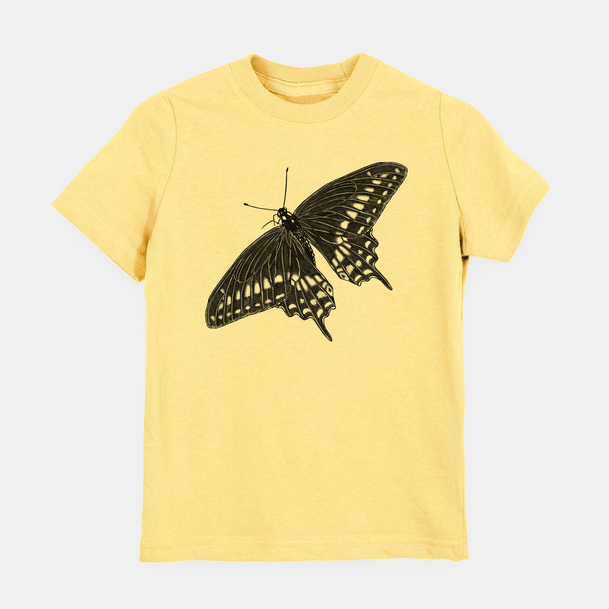 Butter yellow youth t-shirt laid flat, printed with a detailed black ink illustration of a black swallowtail butterfly with its wings spread.