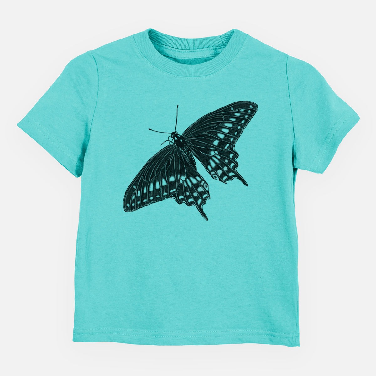 Caribbean blue toddler t-shirt laid flat, printed with a detailed black ink illustration of a black swallowtail butterfly with its wings spread.