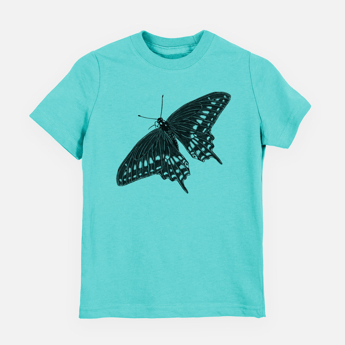 Caribbean blue youth t-shirt laid flat, printed with a detailed black ink illustration of a black swallowtail butterfly with its wings spread.