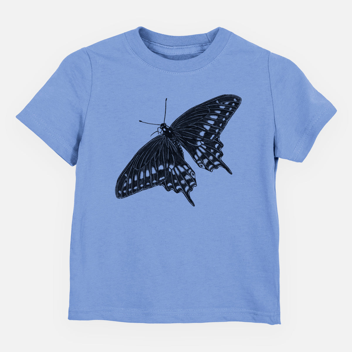 Carolina blue toddler t-shirt laid flat, printed with a detailed black ink illustration of a black swallowtail butterfly with its wings spread.